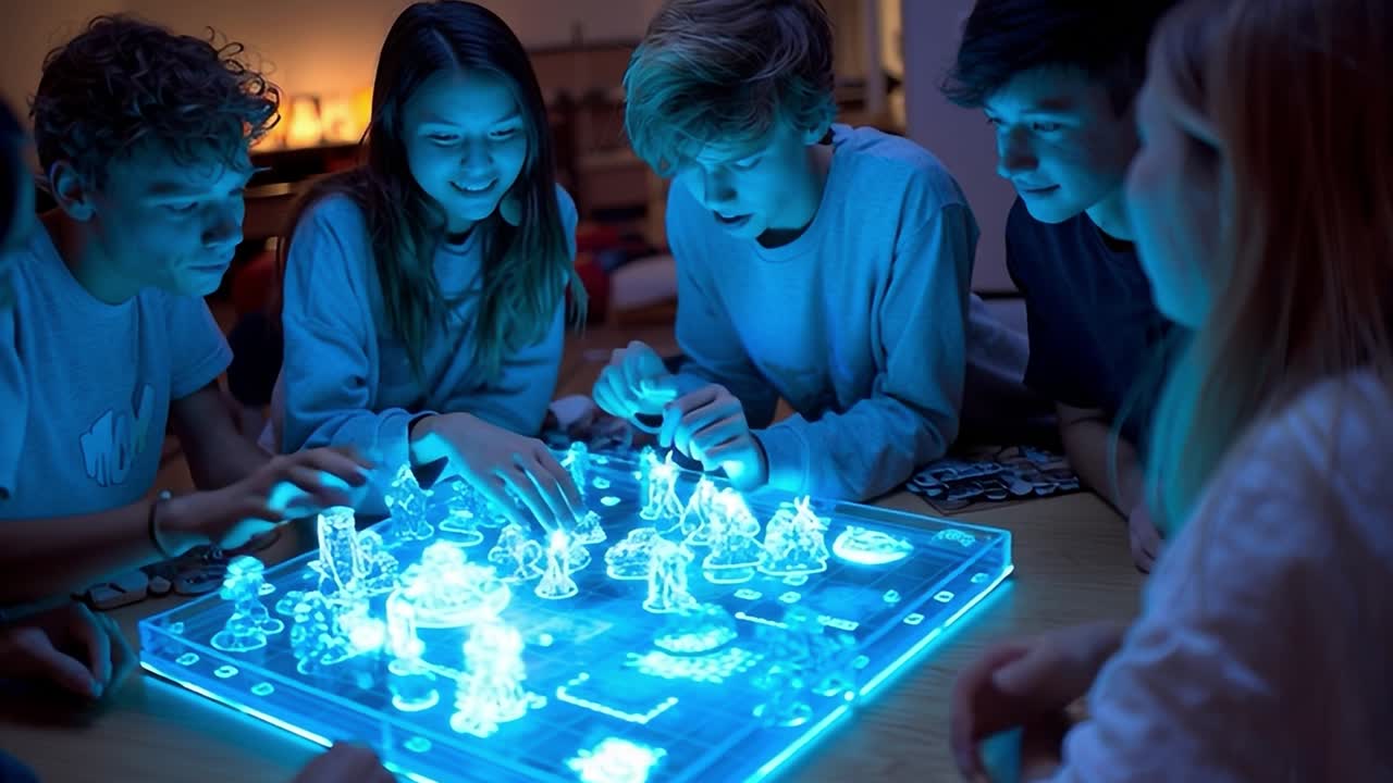 Amici che si godono una serata di giochi da tavolo luminosi al chiuso