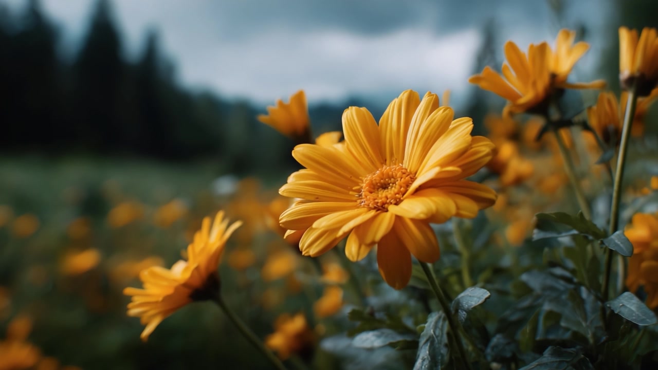 Una vista ravvicinata di vivaci fiori gialli in un paesaggio verde lussureggiante sotto nuvole che si addensano, catturando la bellezza delle fioriture colorate della natura.