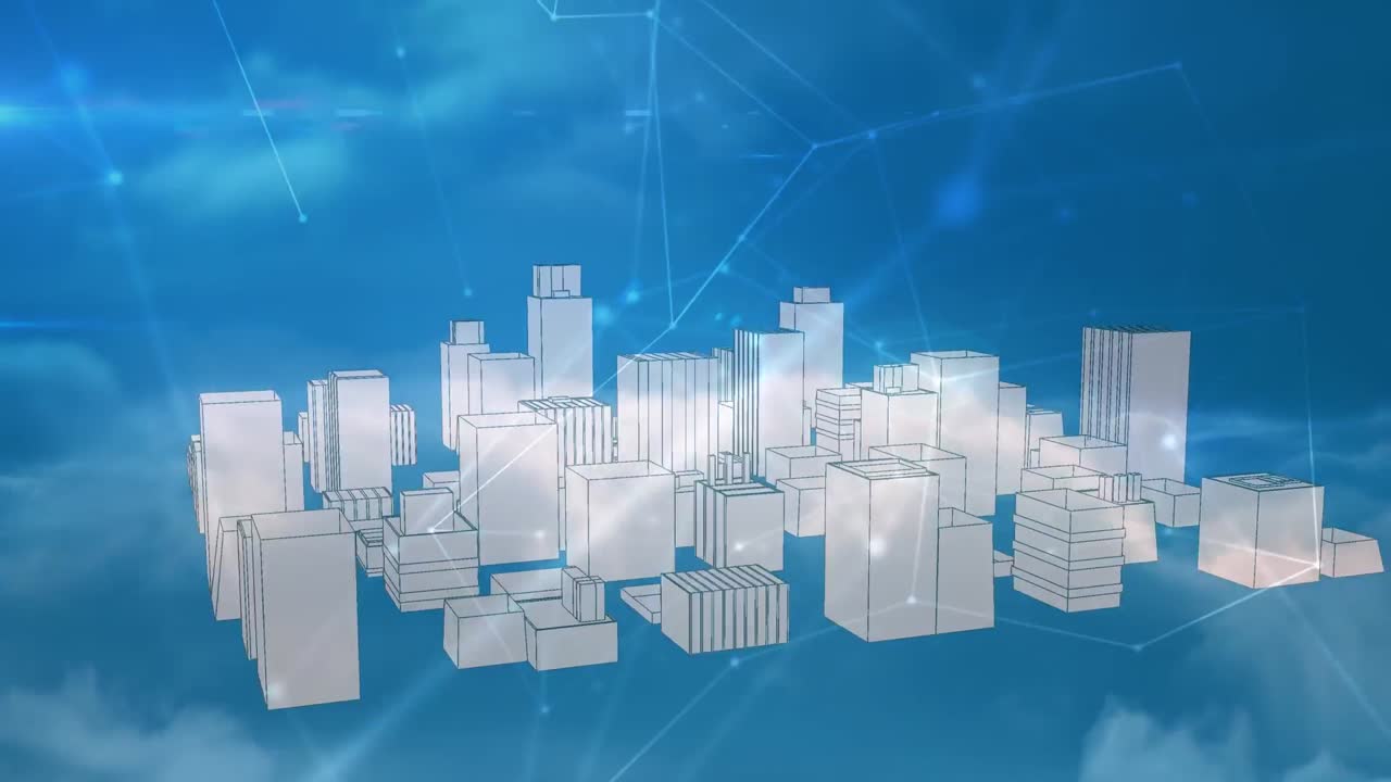 Animation of network of connections over 3d cityscape spinning on blue background