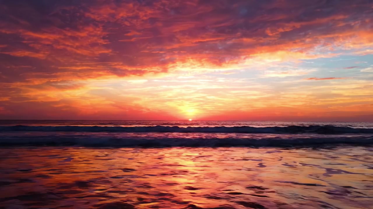 Stunning Sunset Over Tranquil Ocean Waves, Featuring Vibrant Colors of Orange, Pink, and Purple Reflecting in the Calm Water, Creating a Peaceful Atmosphere