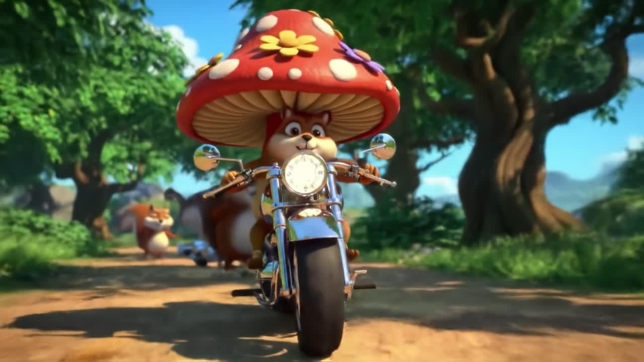 Adventurous Animated Character Riding a Motorcycle Through a Lush Forest with Playful Wildlife Friends in a Vibrant and Colorful Landscape
