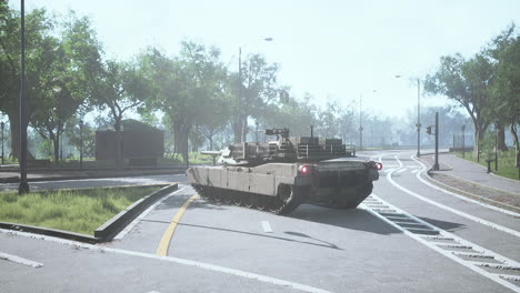 armored tank in big city