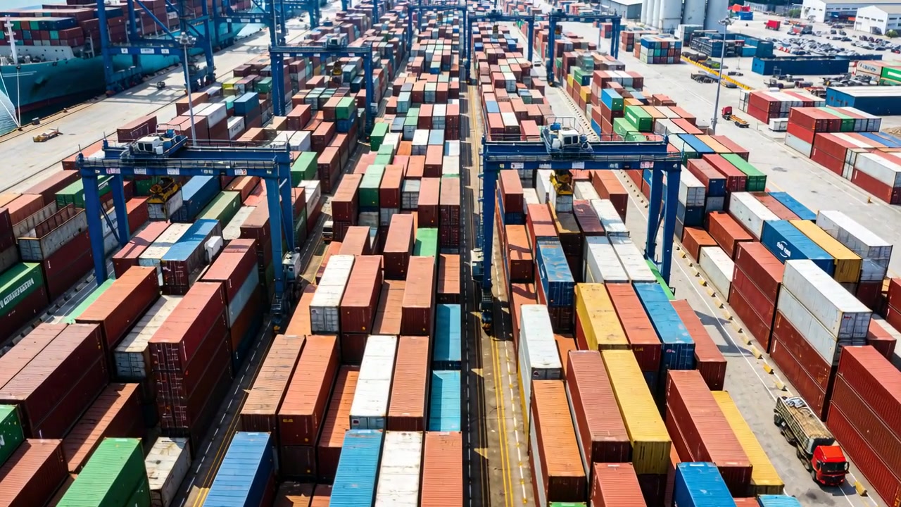 Drone che avanza e filma gru a portale che sollevano container per il carico di navi in un porto marittimo, con camion in movimento.
