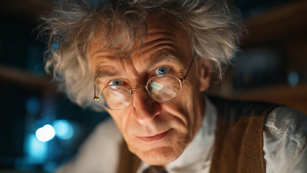 Scienziato curioso a fuoco: una figura eccentrica con capelli selvaggi e occhiali rotondi indaga su scoperte affascinanti in uno studio scarsamente illuminato