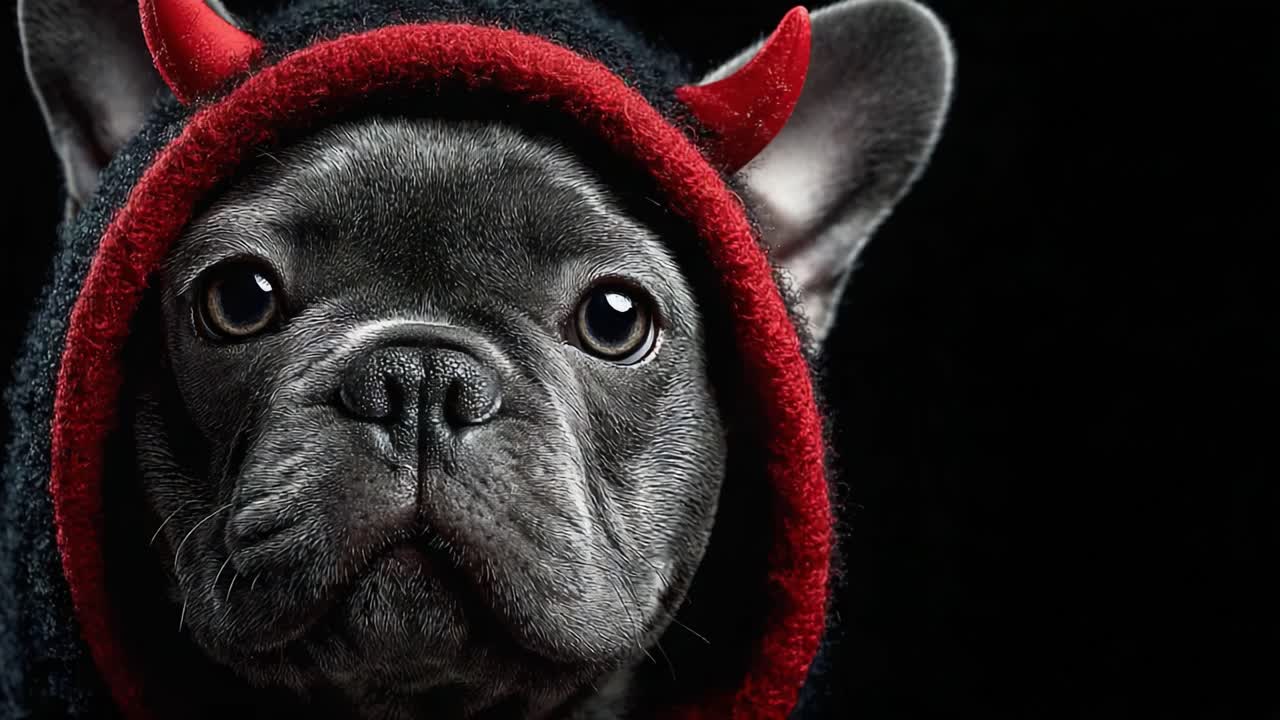 A Charming French Bulldog Dressed in a Devil Costume, Captivating with its Adorable Expression Against a Mysterious Black Background