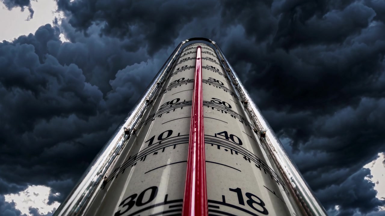 Termómetro mostrando temperatura en aumento contra nubes oscuras de tormenta