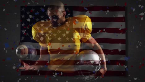 animación de agitar la bandera de los estados unidos y caer confeti sobre el jugador de fútbol americano