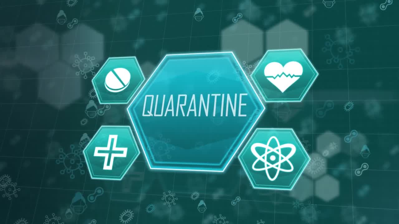 Animation of blue icons over a bue grid, bacteria and virus