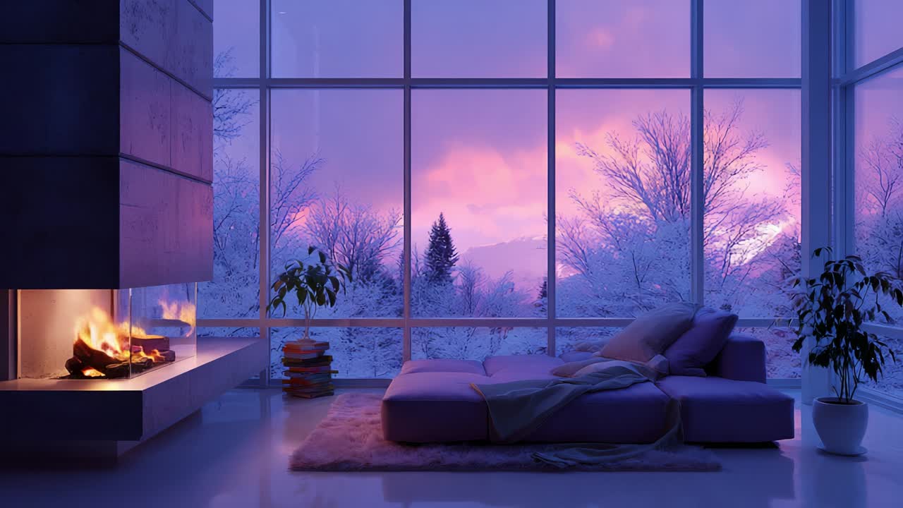A Cozy Winter Living Room with a Modern Aesthetic, Featuring a Warm Fireplace, Plush Sofa, and Beautiful Snowy Landscape Outside the Large Windows Bathed in a Pinkish Purple Twilight Glow