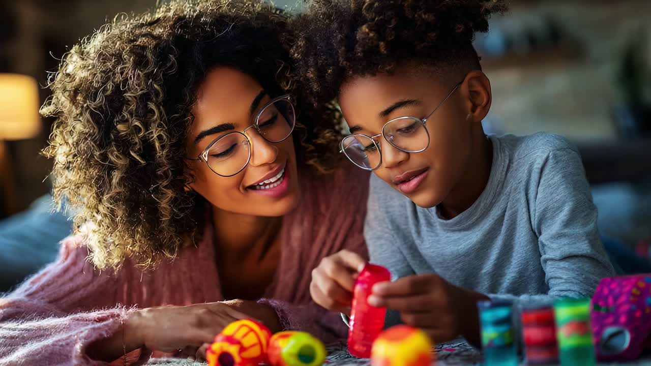A Heartwarming Moment Between Mother and Son as They Create Colorful Crafts Together, Sharing Joy and Laughter Over Creative Playtime Activities at Home