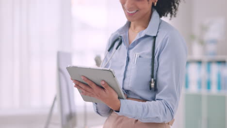 tablet, closeup and woman doctor doing research