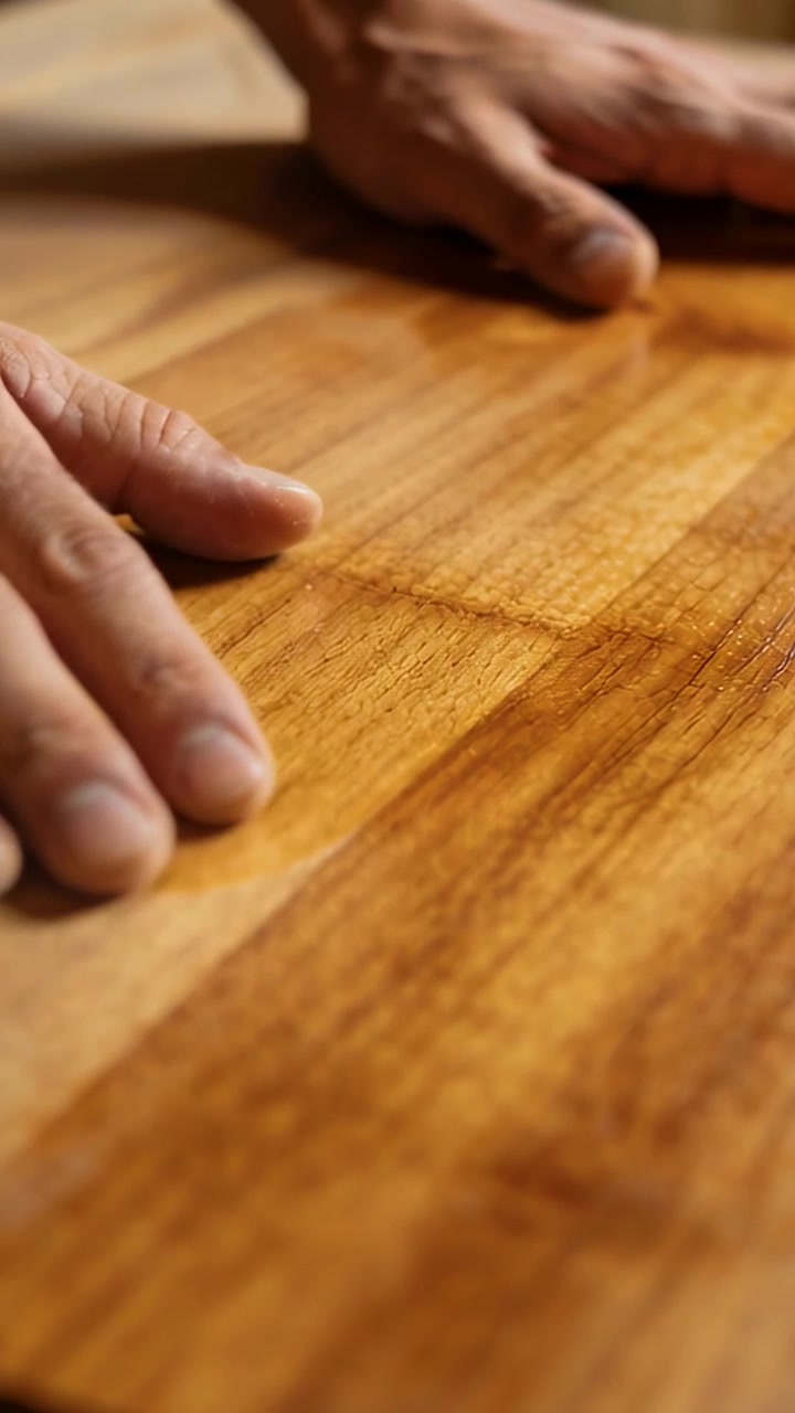 Video vertical: Manos adultas entrando y trazando una mesa de madera, sintiendo un parche cuadrado, comprobando el acabado