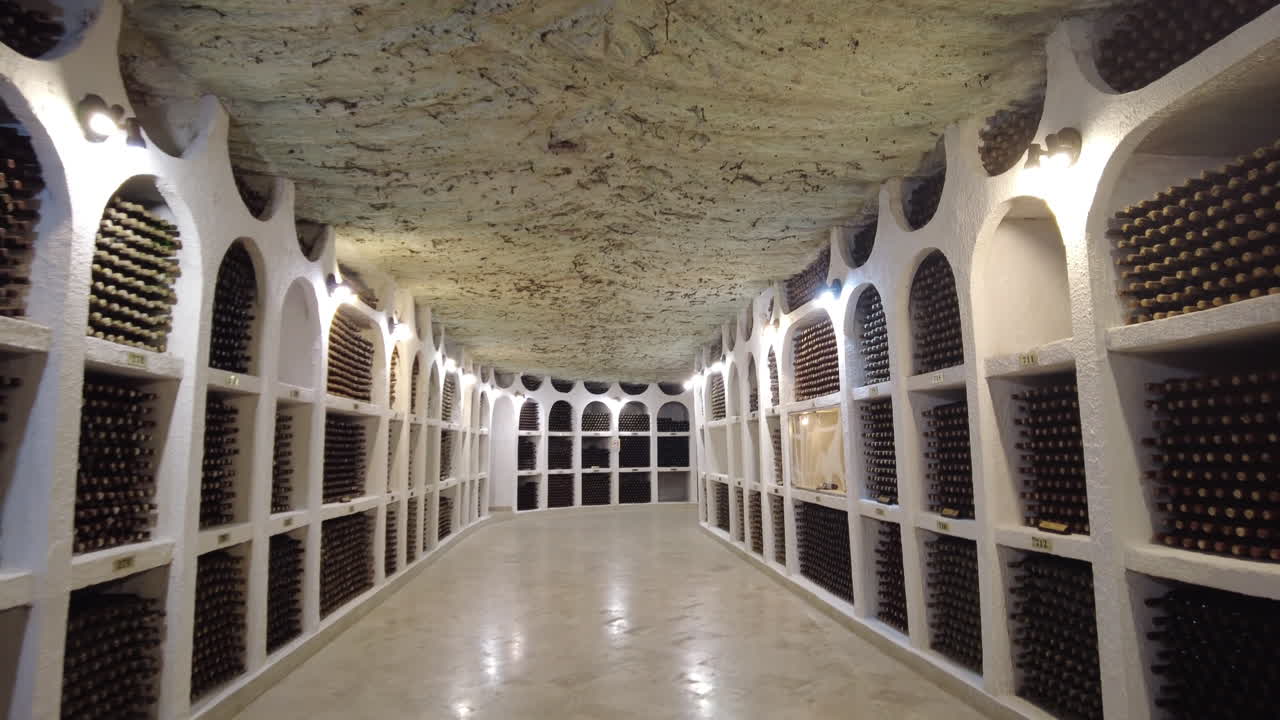 CRICOVA, MOLDOVA - 10 OCTOBER, 2021: Cricova cellars and wine collection rooms gallery with bottles
