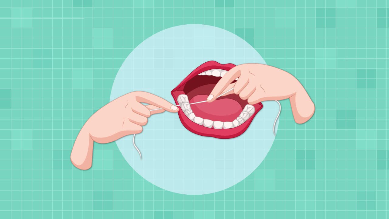 Vector animation of hands flossing teeth in open mouth on teal grid background, flat style