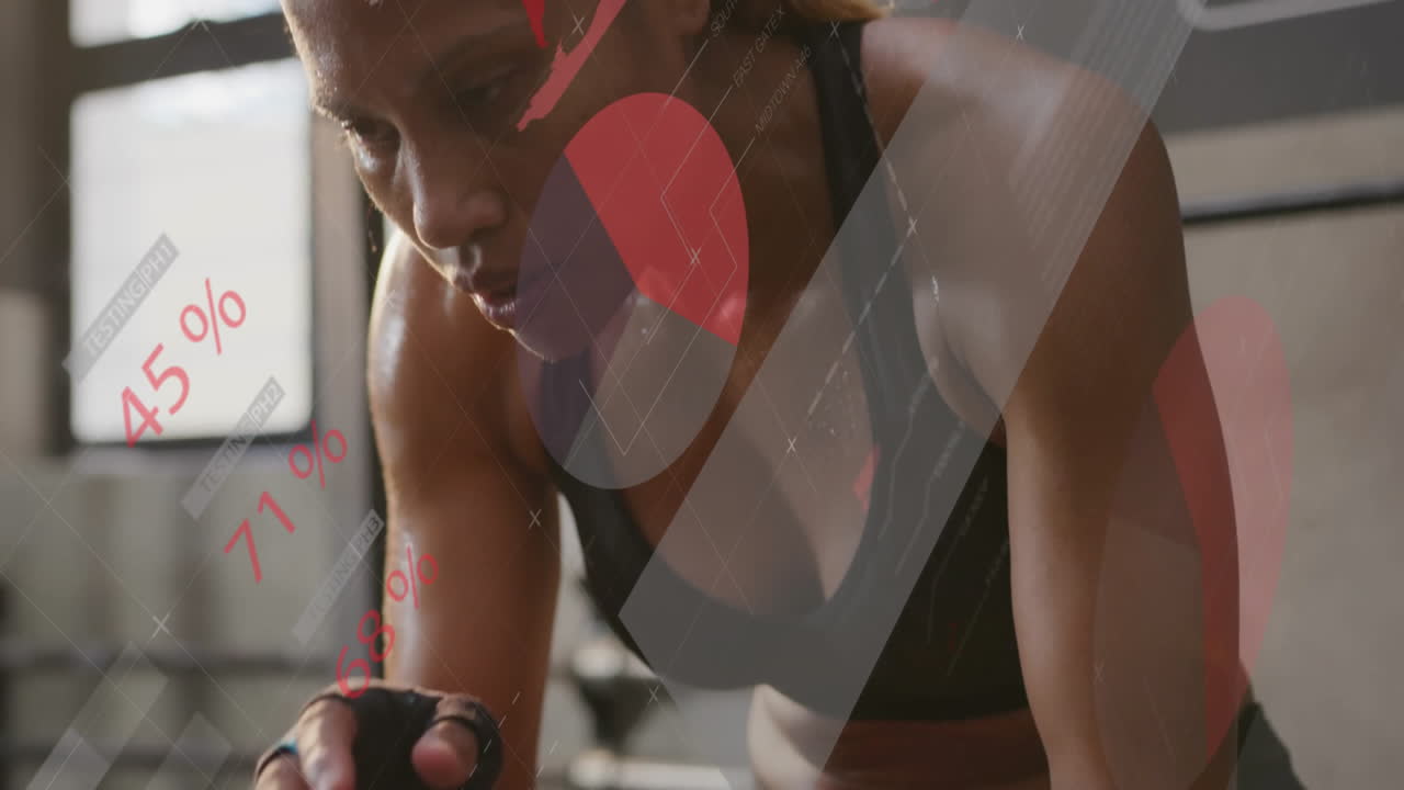 Woman wiping sweat with hand wraps inside gym, displaying health chart overlay with animated icons