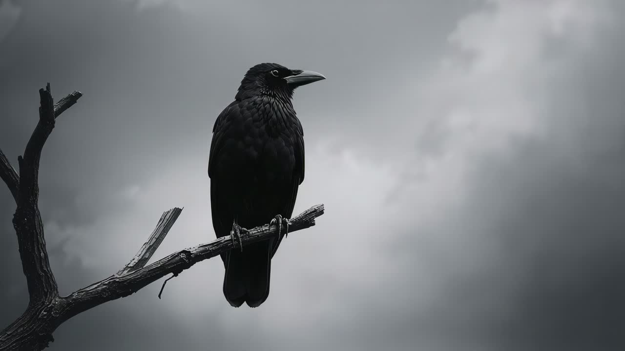Sensing breeze, solitary crow pivoting head and scanning cloudy sky on bare tree branch, copy space