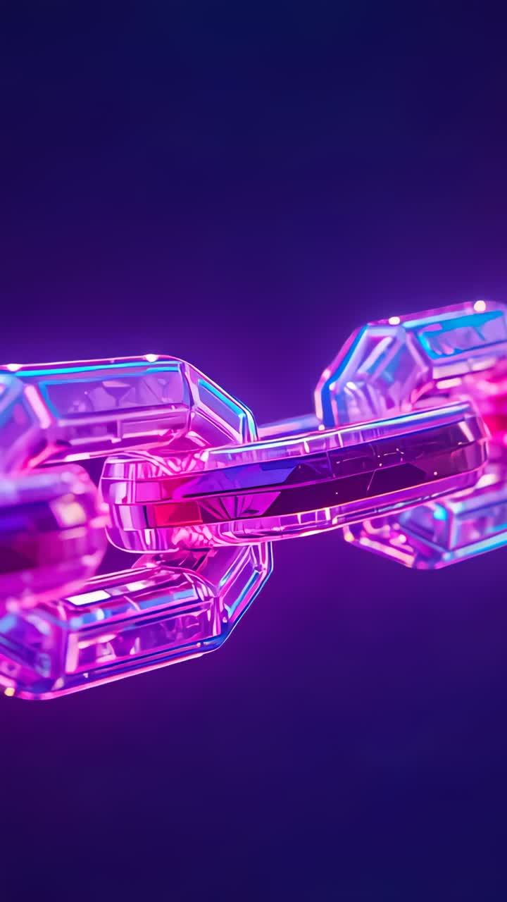 Vertical video: Camera pulling back showing three clear octagonal links rotating under neon lights