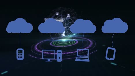animation of clouds with icons over globe