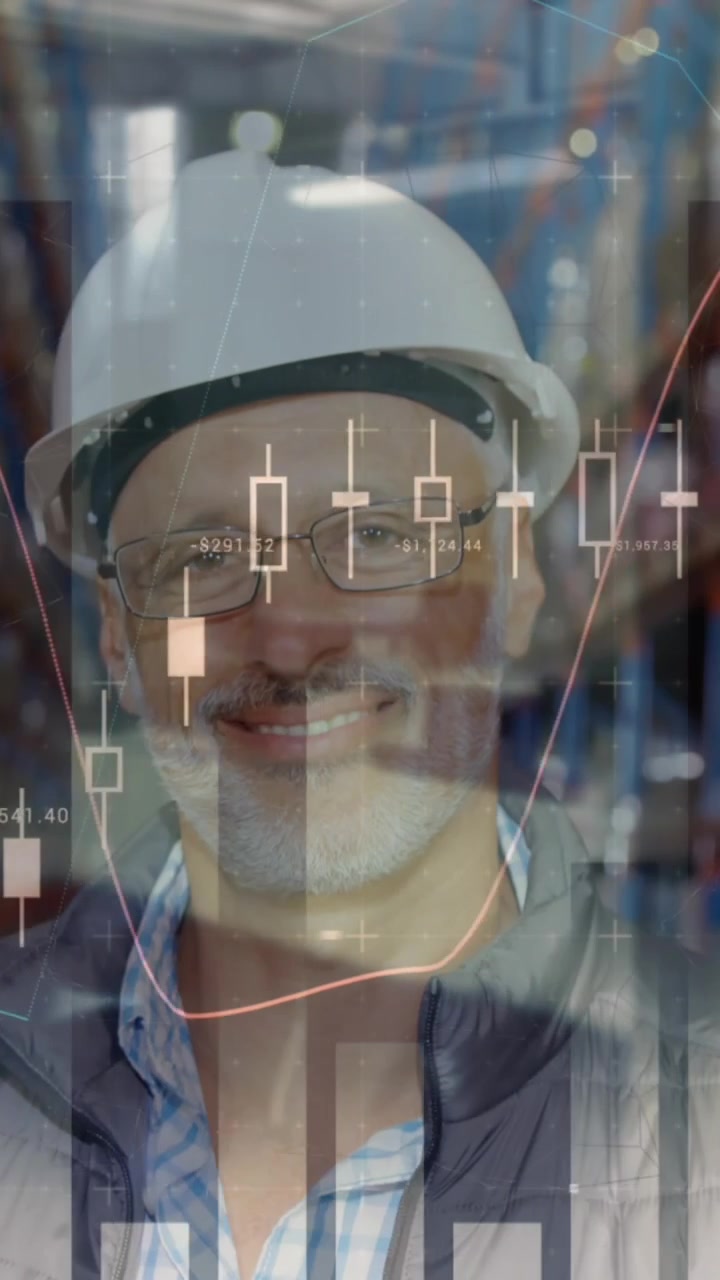 Animation of financial data processing over caucasian male worker in warehouse
