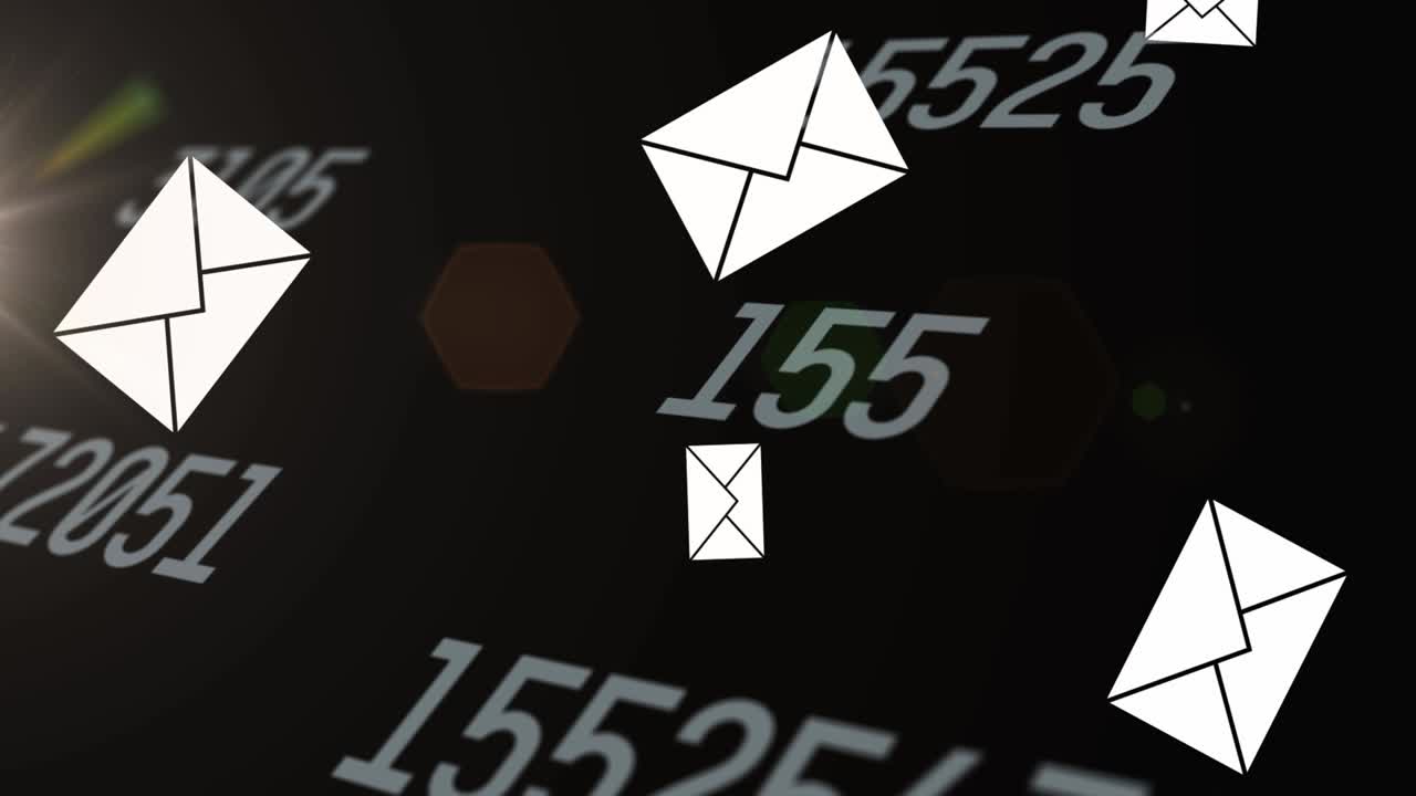 animación de correos electrónicos flotantes sobre números cambiantes en fondo negro