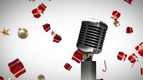 Animation-of-vintage-microphone-with-christmas-presents-falling-on-white-background
