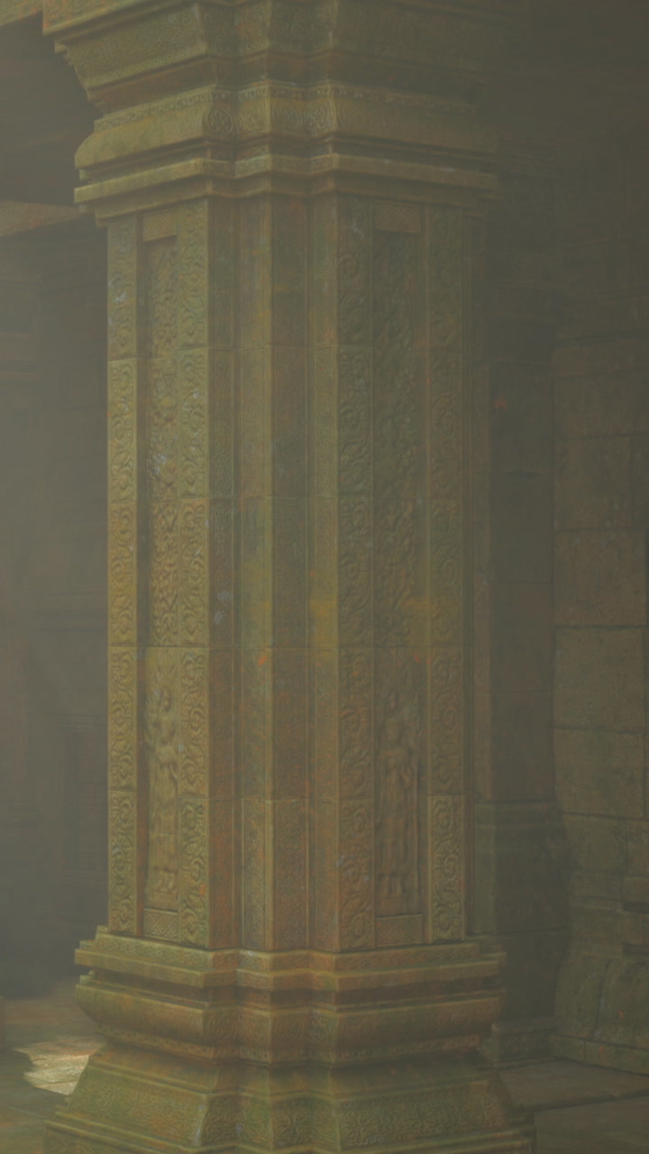 Ancient stone pillars stand in misty embrace of forgotten temple ruins