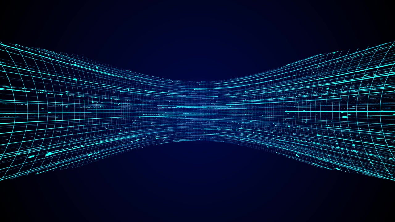 Cyan digital gittertunnelbaggrund med glødende trådlinjer, bevægende datastriber, dybblåt rum og
