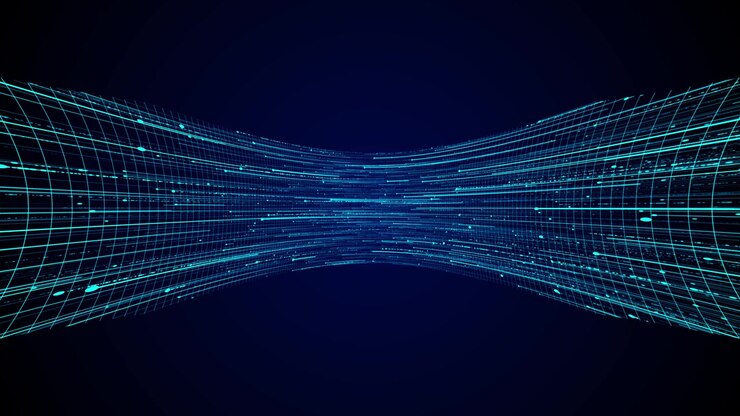 Sfondo di tunnel a griglia digitale ciano con linee di fili luminose, strisce di dati in movimento e spazio blu profondo