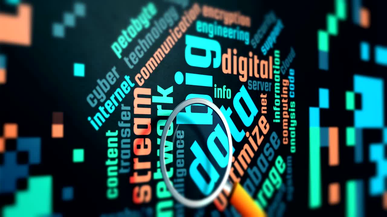 Big data information digital visualization in word cloud. 4K UHD animation seamless loop.