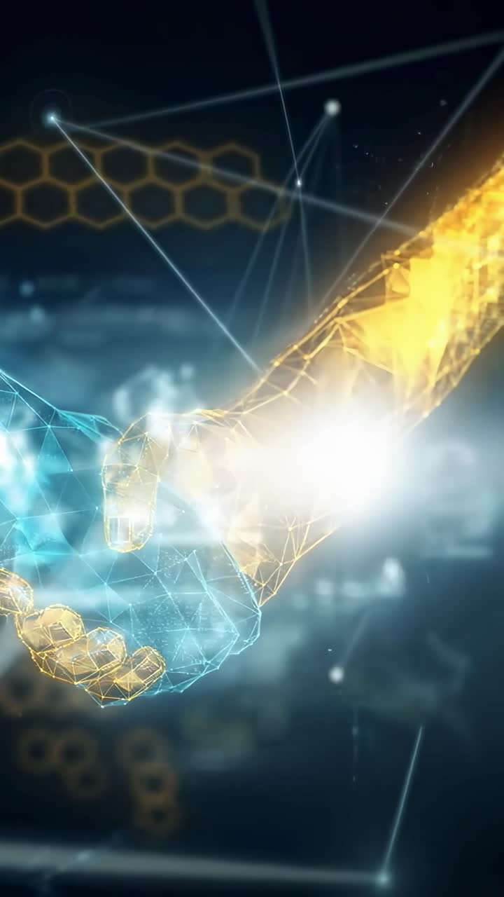 Konsep video futuristik jabat tangan digital, sudut samping, dengan gaya wireframe bercahaya