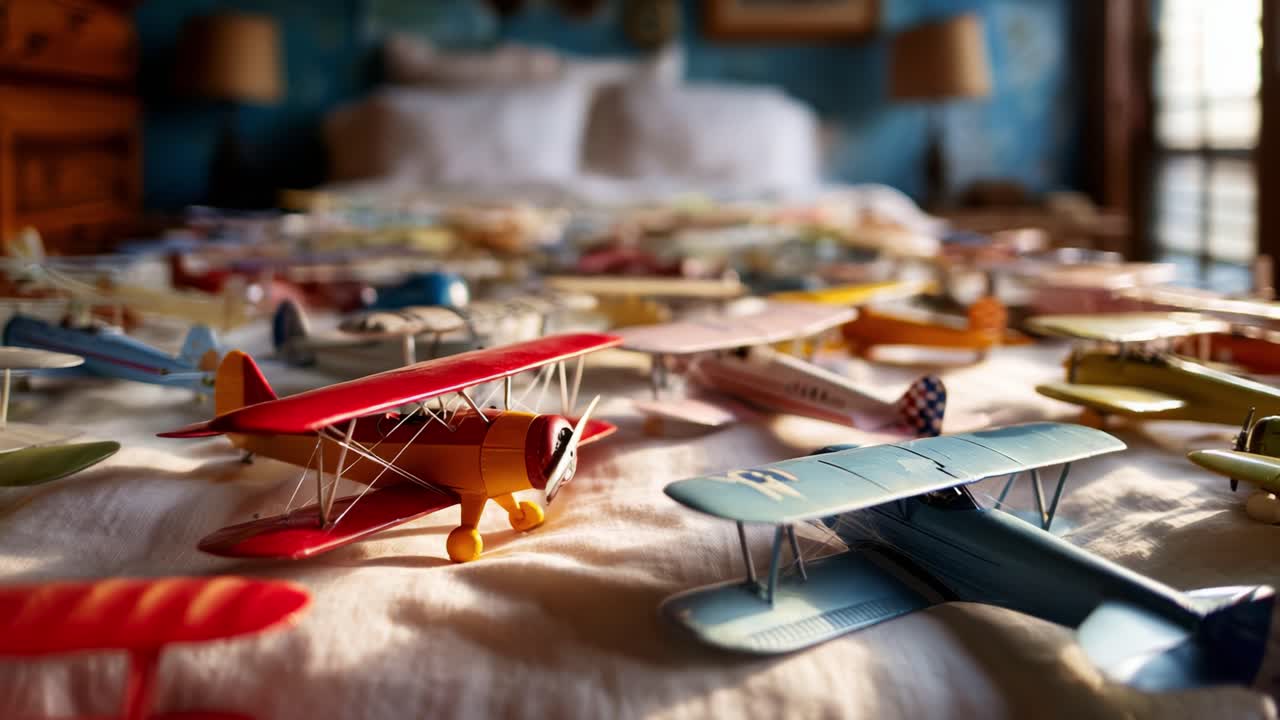 A Vibrant Collection of Vintage Airplane Models Spread Across a Bed, Showcasing Detailed Designs and Colorful Schemes, Highlighting the Beauty of Aviation Memorabilia in a Cozy Setting