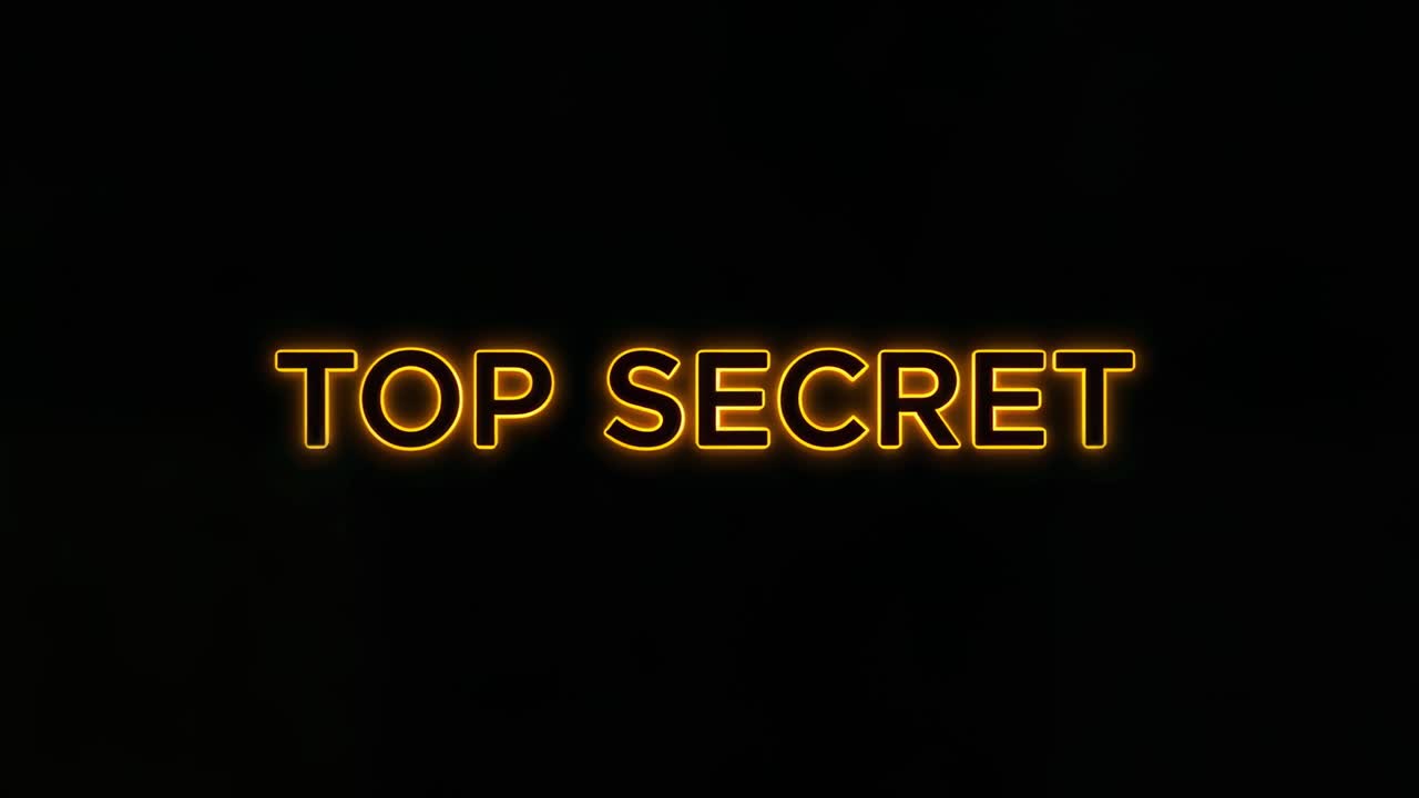 Appearing lens flare sweeping across gold-outlined TOP SECRET text in studio, highlighting letters