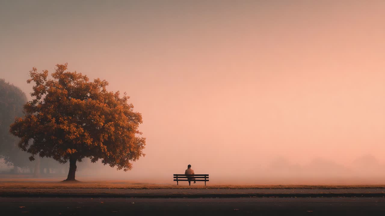 Scène matinale sereine soulignant la solitude : une personne assise sur un banc sous le feuillage d’un arbre, dans une atmosphère brumeuse et rêveuse