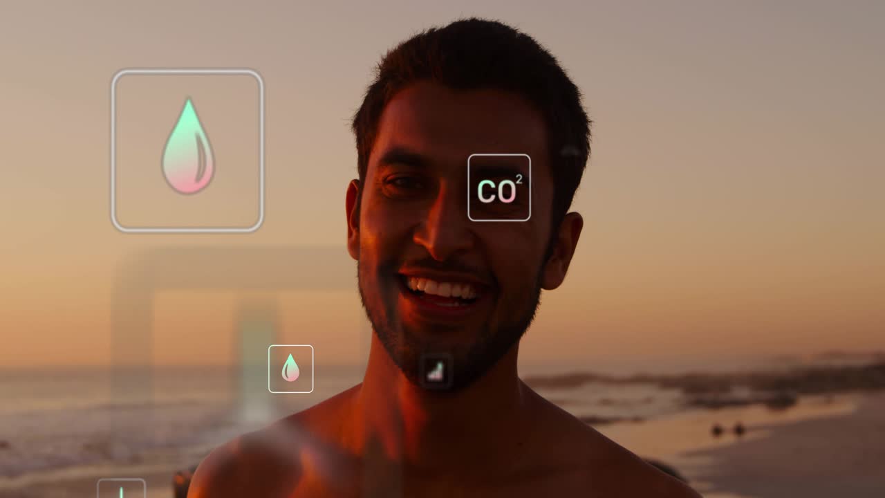 shirtless man shifting gaze down then up, initiating AR icons around him showing environmental data