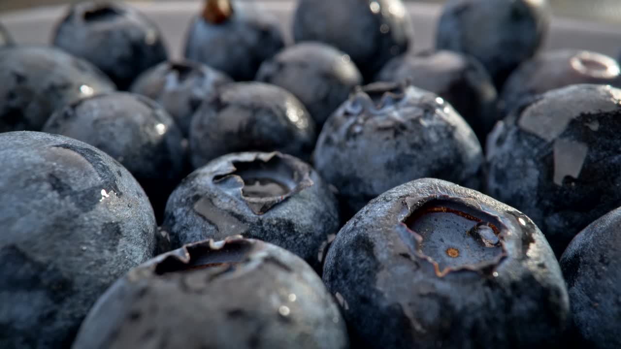 블루베리 배경: 큰 추상적인 구로 매크로 클로즈업으로 찍은 파란색 베리, 카메라 뒤로 움직이는 슬라이더, 4k