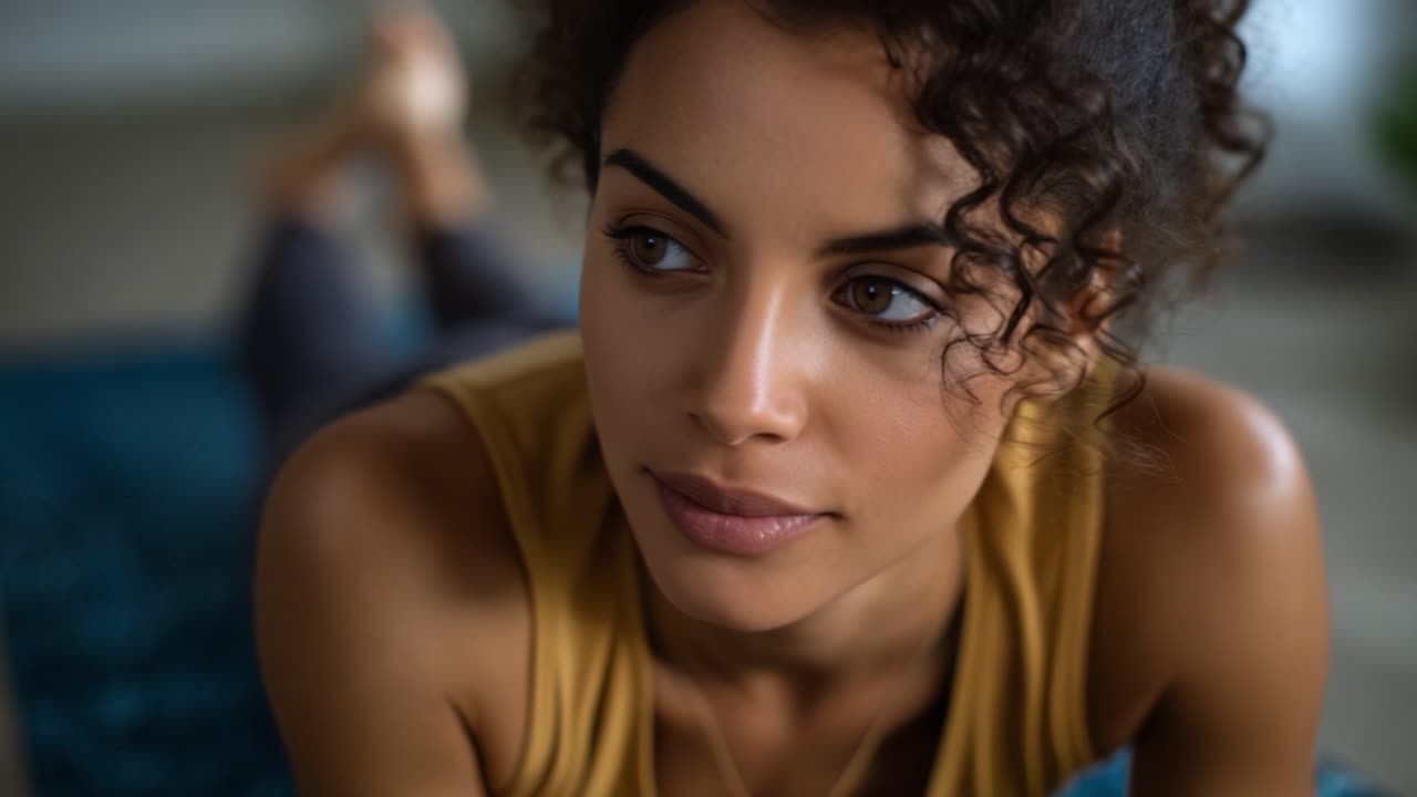 Momento Pensativo: Um retrato em close-up de uma jovem em um momento de reflexão em um ambiente aconchegante, capturado em dois quadros de introspecção e serenidade