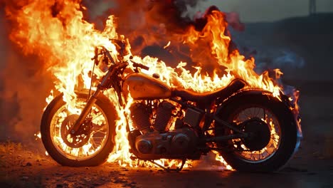 a motorcycle is engulfed by flames on the side of the road