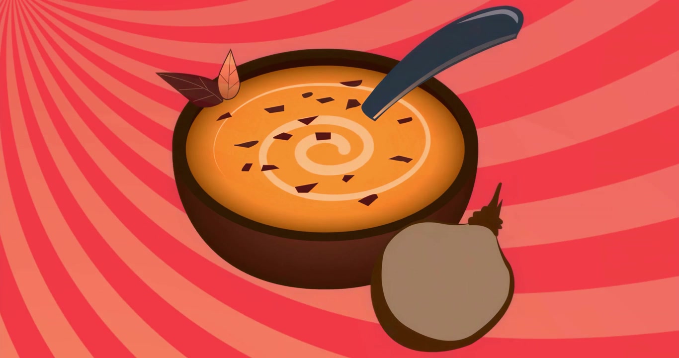 Colher cinza entrando e pressionando a sopa de laranja, mexendo no sentido horário e criando uma espiral de creme.