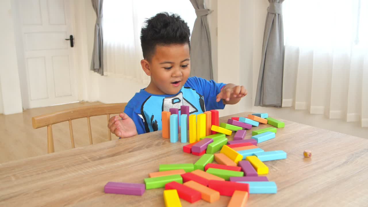 Asian Cute Boy Play Color Wood Block, Slow Motion