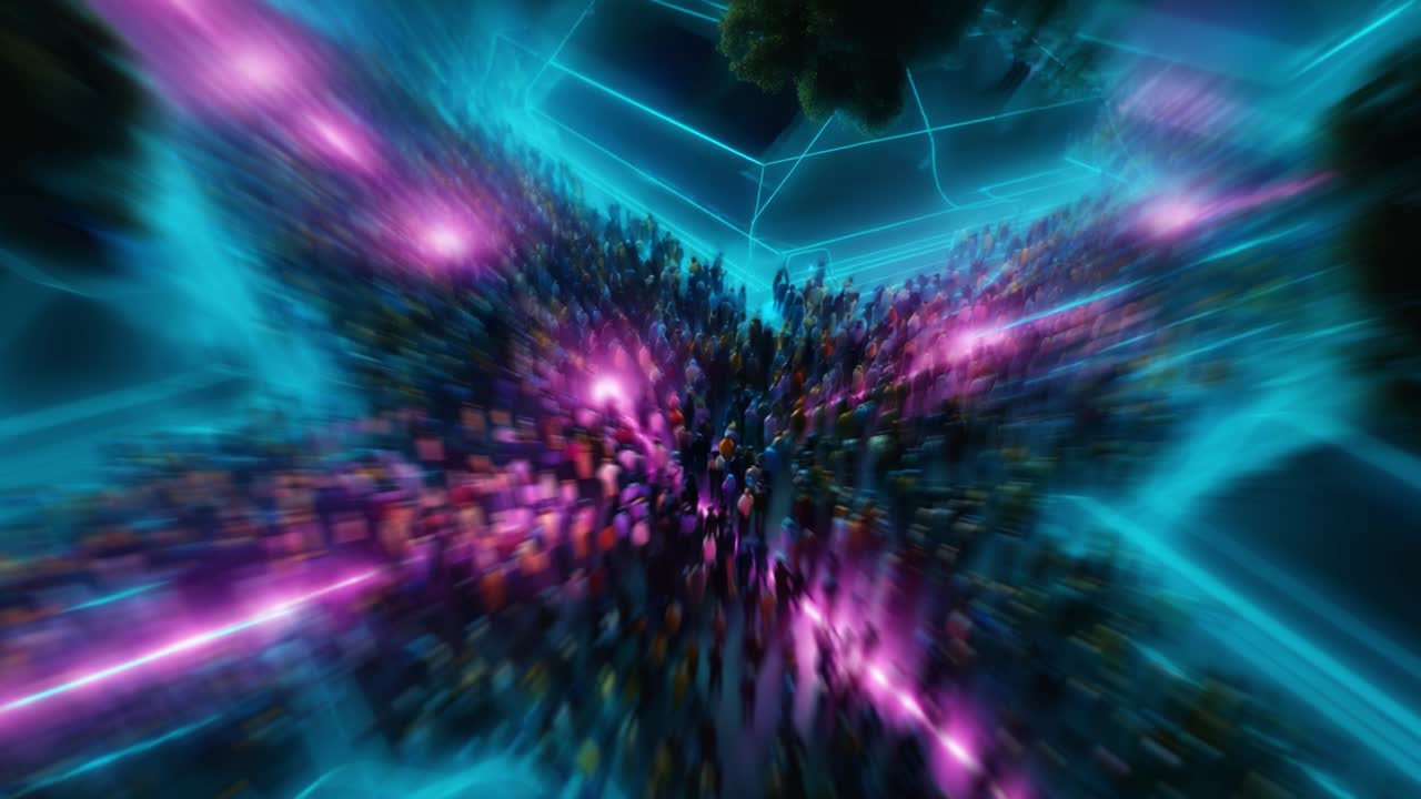 A Vibrant Crowd of People Merging Together in a Futuristic Setting, Enveloped by Bright Lights and Dynamic Colors, Creating an Energetic Atmosphere Full of Excitement and Anticipation