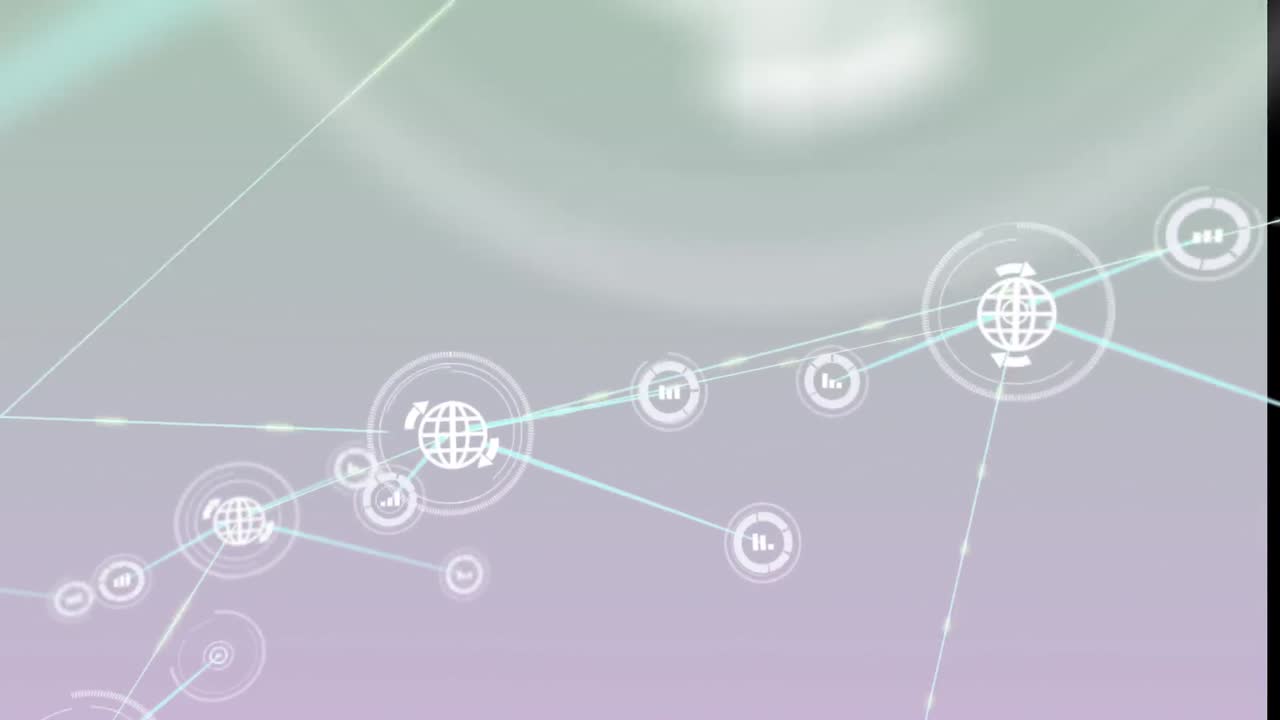 회색 배경 위의 선으로 상호 연결된 지구와 바 그래프 아이콘의 애니메이션