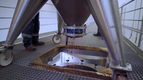 uvas trituradas cayendo por un embudo en un tanque de acero inoxidable, proceso de vino