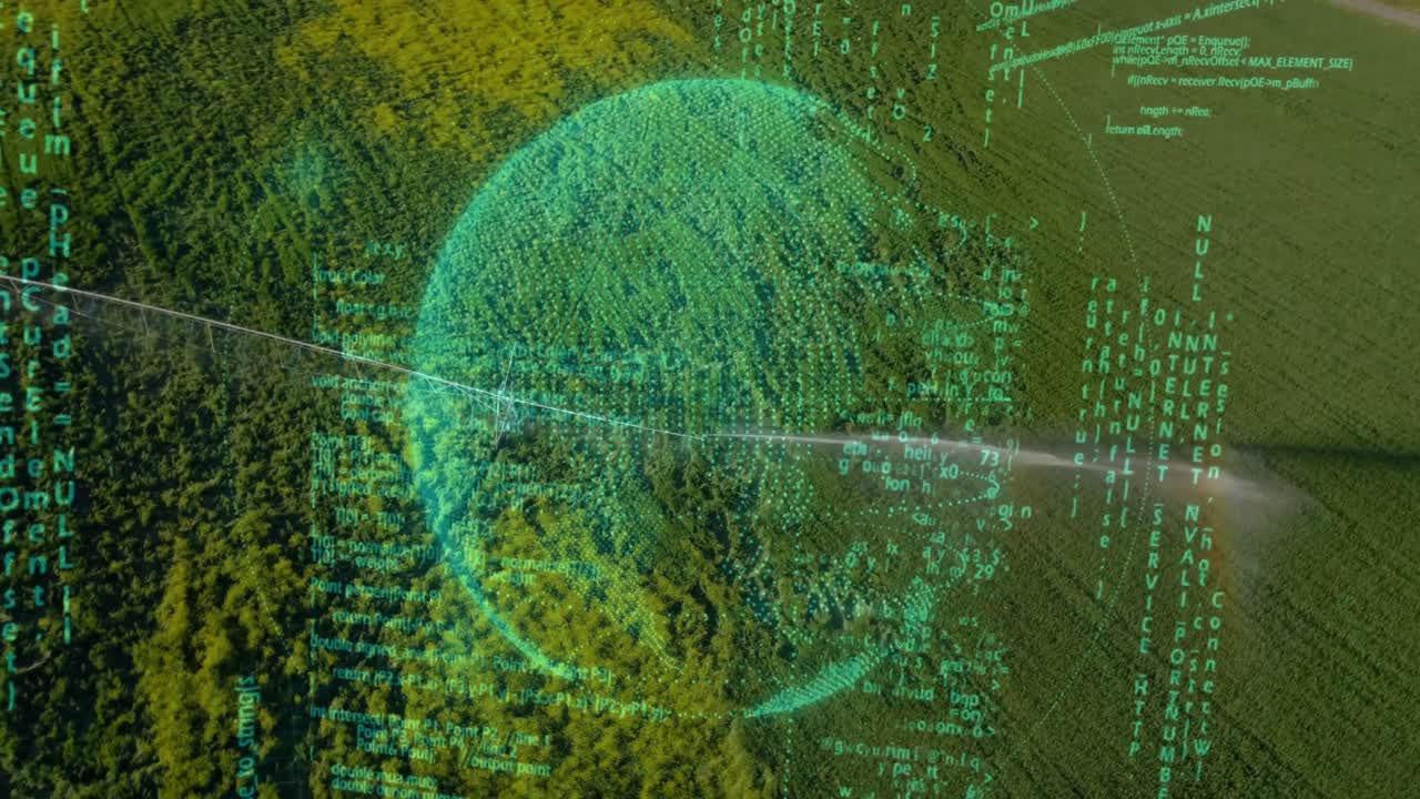 Un contorno circolare debole che avvia flussi di codice verde, formando una sfera 3D rotante che mostra i dati della copertura.