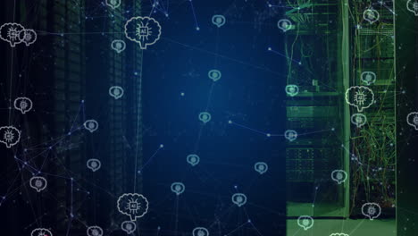 animation of network and brains with ai motherboards over dark computer server room