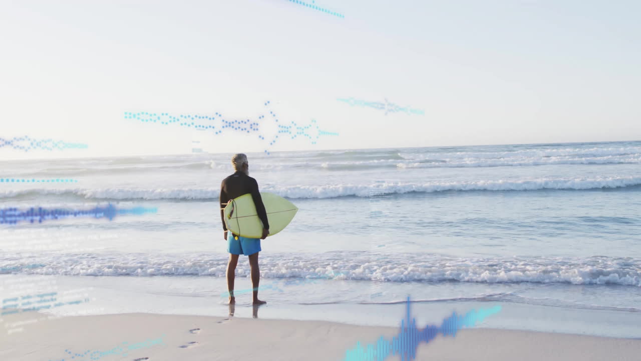 Male surfer standing on beach, displaying animated wave graph and speed gauge, showing technology