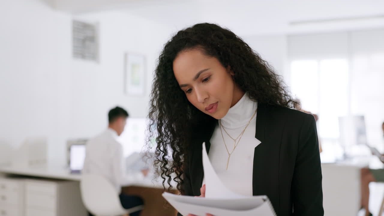 Business woman, paper and documents in office