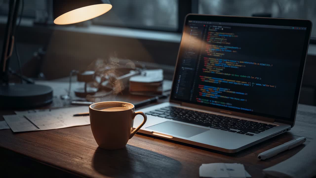 Skiftende lampestråle, der varmer en keramisk kaffekop og belyser en bærbar computer på hjemmekontoret, hvilket sætter gang i kodningen