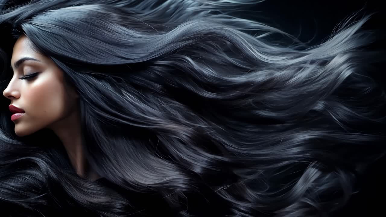 A woman with long dark hair is shown in a close up. The hair is very long and is almost touching the ground. The woman's face is also shown, but it is not the main focus of the image