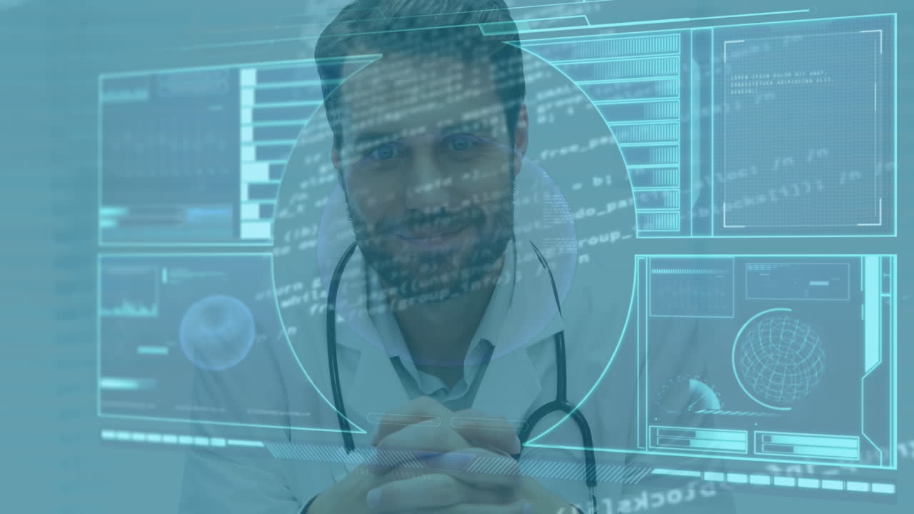 animación del procesamiento de datos en la interfaz digital sobre un médico sonriente