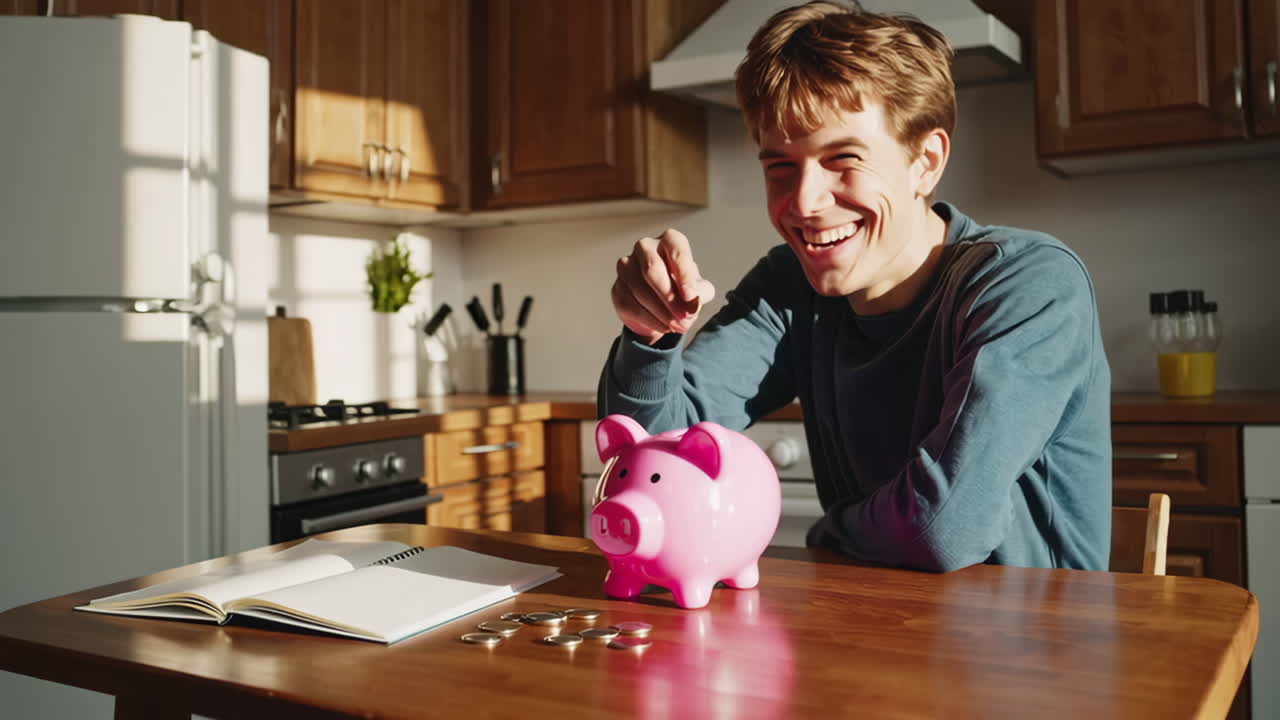 Happy Man Saving Money in a Pink Piggy Bank